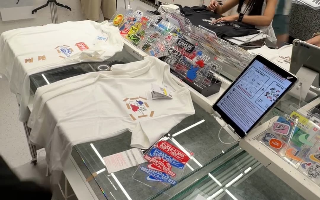 ソウルのナイキカスタムスタジオの作業台に置かれた白いTシャツとパッチ、タブレット